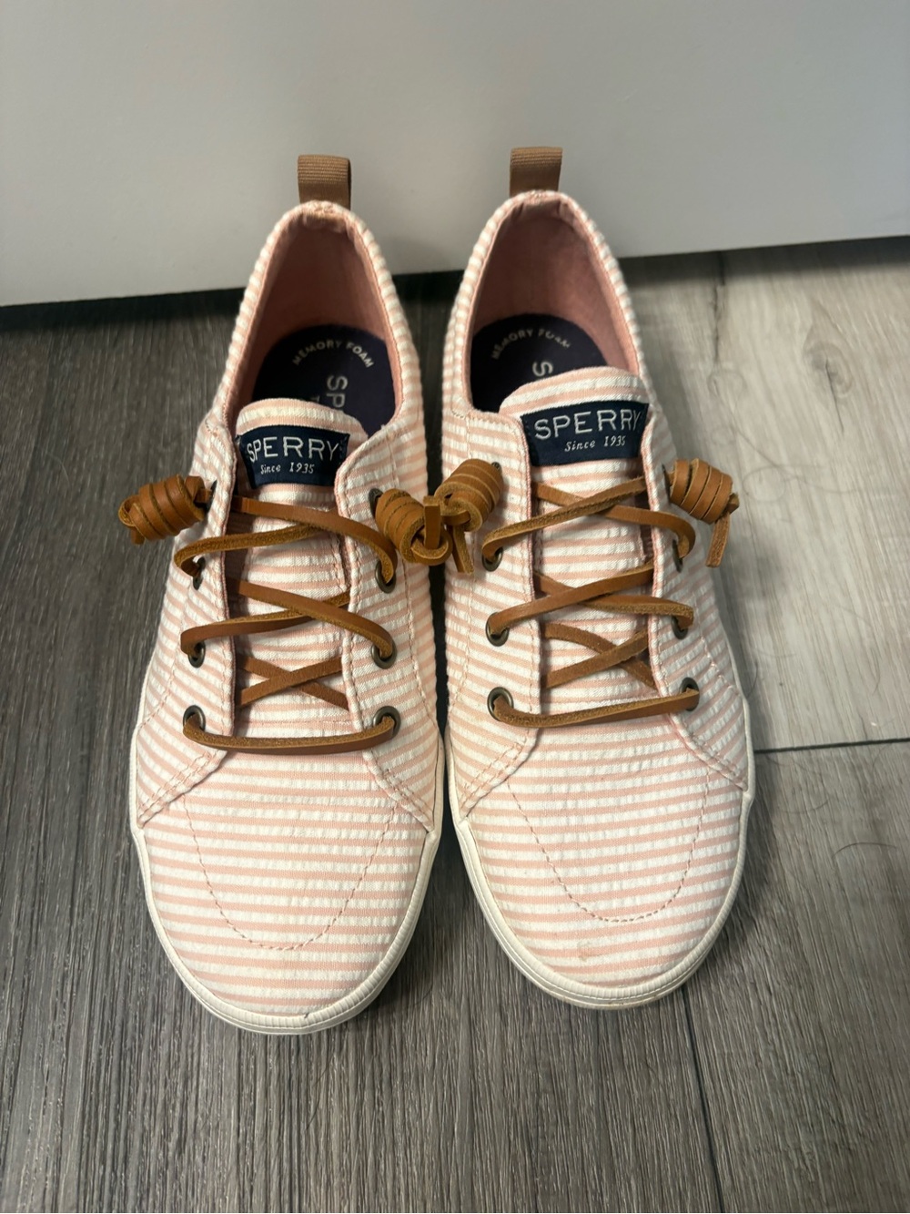 Sperry Pink and White Striped Low-Top Boat Shoes with Brown Leather Trim